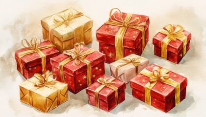 Obraz premium A festive watercolor of New Year gift boxes wrapped in rich crimson and golden hues