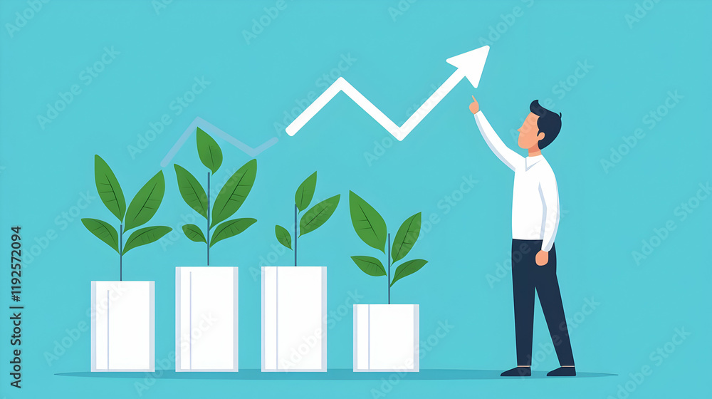 Poster sales strategy visualization, flat design graphic illustrating management planning processes, featur