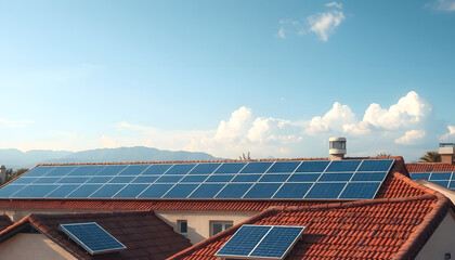 Solar panels on roofs, dreamy atmosphere, with white tones