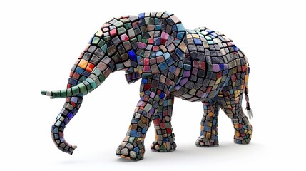Obraz premium An isolated elephant statue made from multicolored stones, captured in a lifelike pose on a white background.
