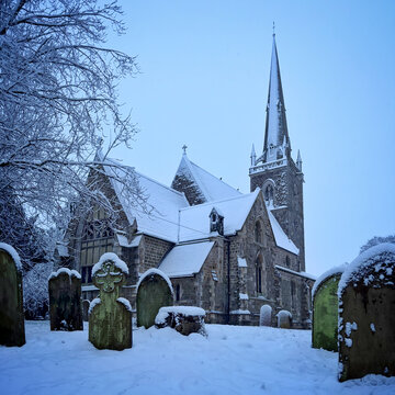 snow covered country church
