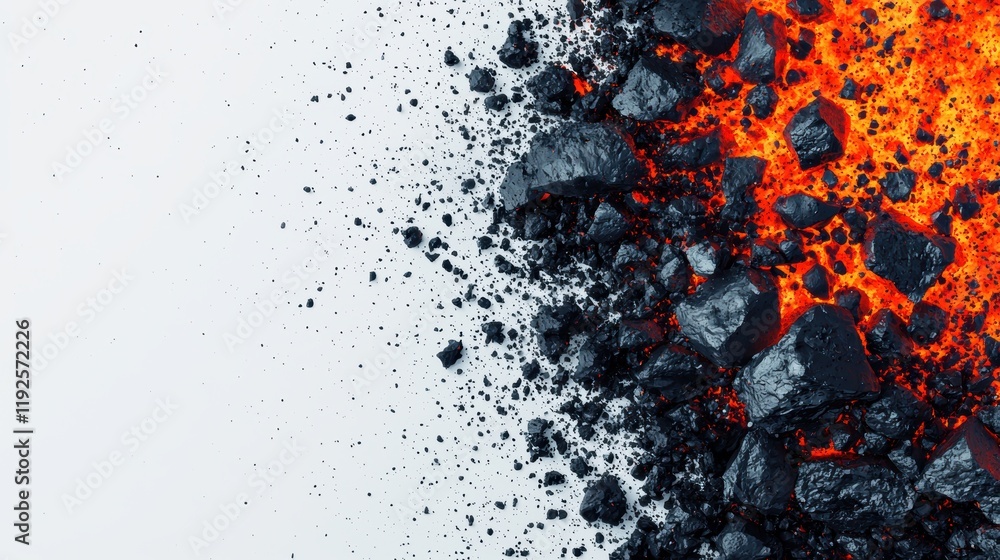 Poster fiery lava flow with dark rocks splitting from ashy background