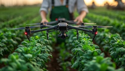 An IoT farm featuring drones communicating with sensors on crops and livestock, optimizing productivity and health, IoT Smart Farming Drone Network