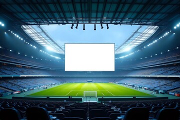 Large blank LED screen in football stadium with empty seats. Scoreboard for sport matches with copy space