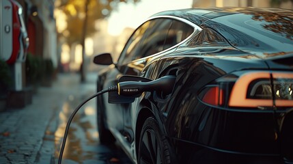 Naklejka premium EV charger handle plugged in or connect to electric car. ai generated