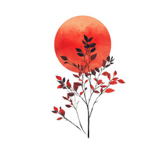 Red Leaves Black Branches Watercolor Sun Japanese Zen Minimalist Art Print