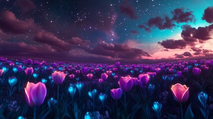 A magical field of glowing purple and blue tulips under a starry night sky with pink and purple clouds