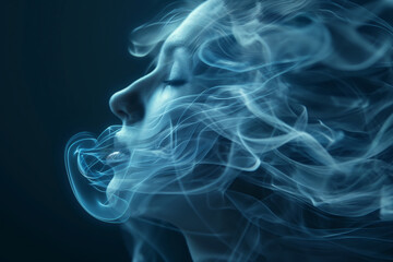 Fototapeta premium Woman's Face Surrounded by Ethereal Smoke in Dreamlike Blue Light