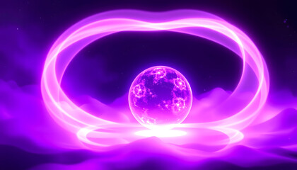 Obraz premium Abstract purple energy sphere round glowing magical digital futuristic space background, Colored gel lighting, with white tones