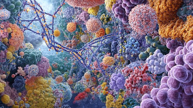 Complex illustration of nucleic acids highlighting structural features of DNA and RNA including base pairing backbones and helical configurations
