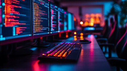 Multiple Monitors Displaying Lines Of Code In A Dark Room