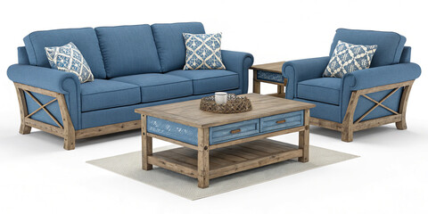 A 3D Rendered Farmhouse Living Room Featuring Blue Accents for a Cozy Feel