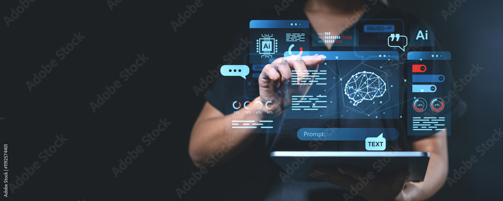 Poster interactive holographic ai interface being used on a tablet.