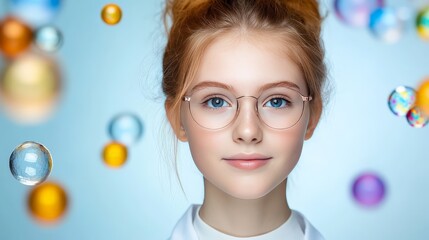 Portrait of young red haired scientist wearing glasses, surrounded by floating molecular bubbles, symbolizing innovation, curiosity, and scientific discovery in a vibrant, futuristic composition