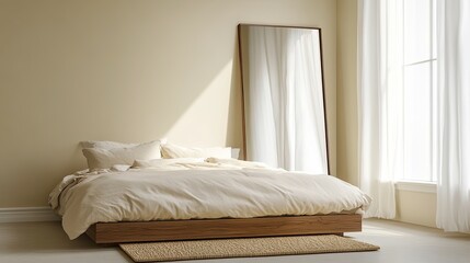 A minimalist bedroom with soft cream walls