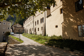 Historic cobblestone street in Salzburg, Austria with charming buildings and lush greenery in the foreground