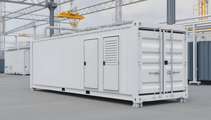 Energy storage system or battery container unit with white industry model for infrastructure development, close-up