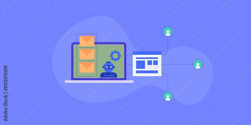 Poster Sending email automatically to customers or newsletter subscribers, AI driven email marketing software tool concept, vector illustration.