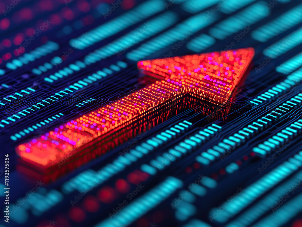 Poster glowing red arrow symbolizing digital growth and progress on futuristic data background