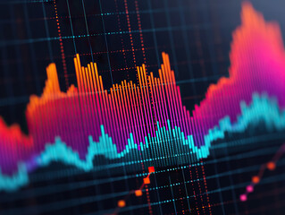vibrant visualization of financial data with glowing graphs and charts on dark grid background