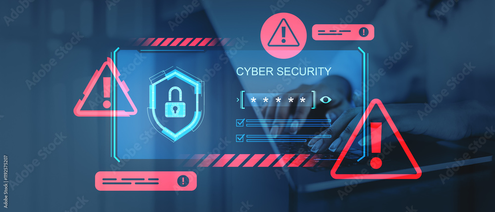 Aufkleber cybersecurity interface with warning alerts and padlock symbol.
