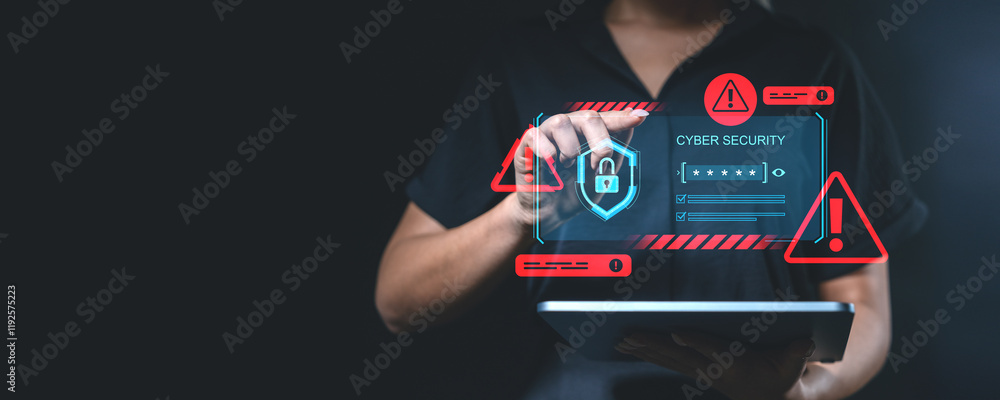 Poster cybersecurity interface with padlock and alerts on dark background.