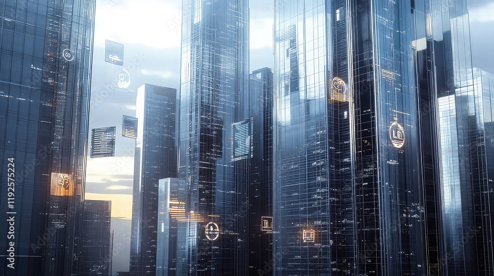 Poster interconnected towers with transparent facades and floating digital indicators make up the smart cit