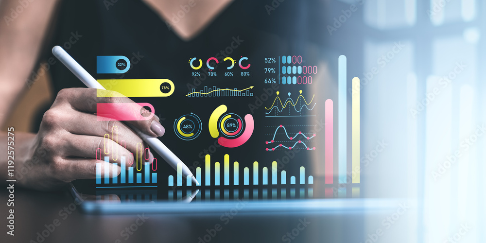 Aufkleber interactive digital charts and graphs on tablet screen concept.