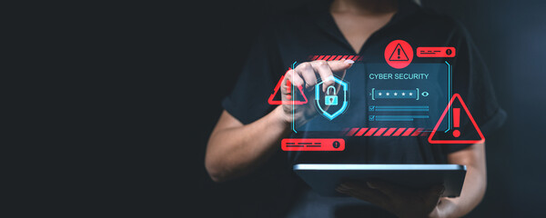 Cybersecurity interface with padlock and alerts on dark background.