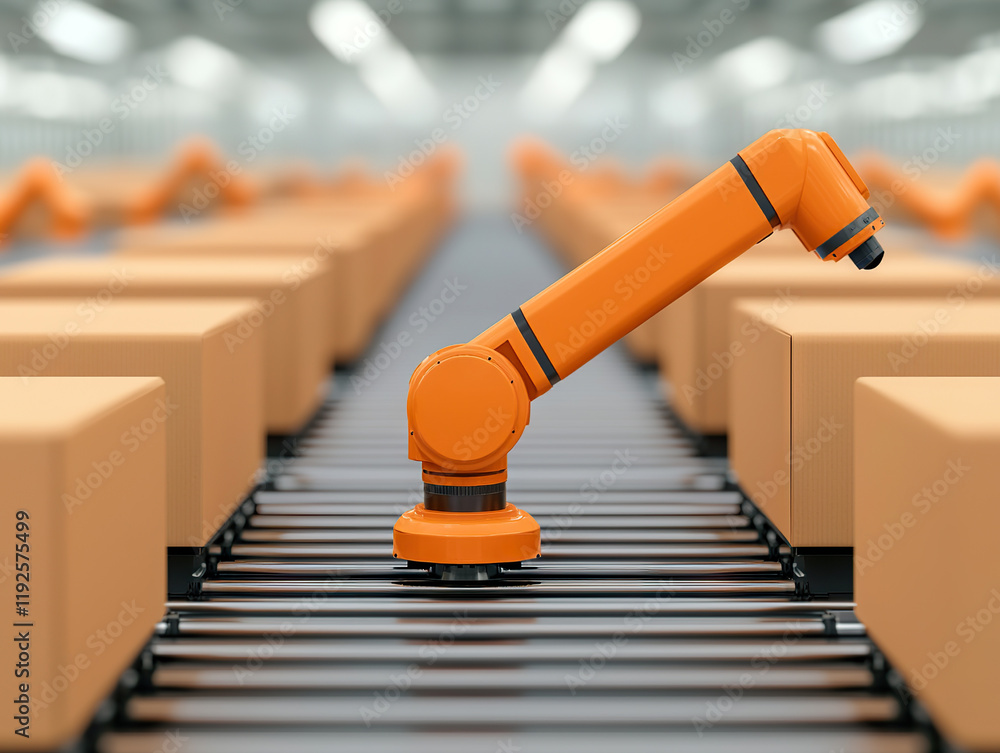 Poster automated robotic arm sorting packages in modern smart factory, showcasing efficiency