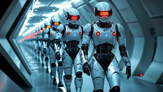 The Rise of the Machines: A captivating futuristic scene featuring an army of sleek white humanoid robots with red lights, marching in unison through a sterile metallic corridor.  