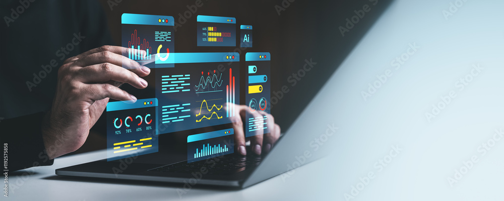Aufkleber interactive digital analytics interface with futuristic holograms.
