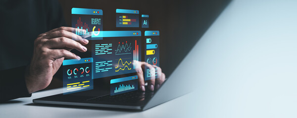 Interactive digital analytics interface with futuristic holograms.