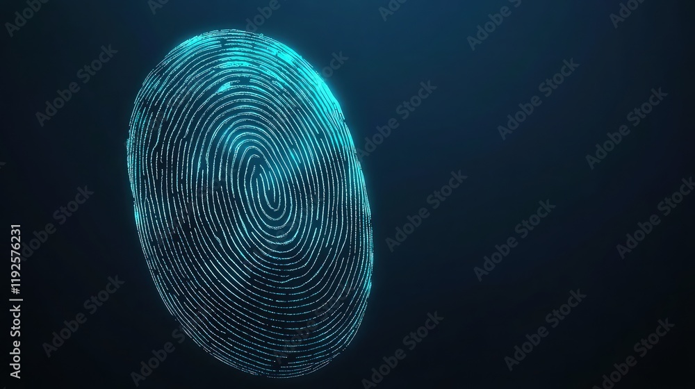Poster a soft-glowing 3d fingerprint in cyan, set against a dark gradient background. the fingerprint ridge