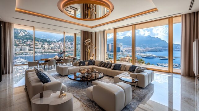 A richly designed penthouse interior, featuring luxury furniture and a panoramic sea view of Monacos harbor.