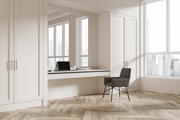 Modern workspace with built-in desk, gray chair, and natural wood flooring in bright minimalist interior with large windows and cityscape view. 3D Rendering