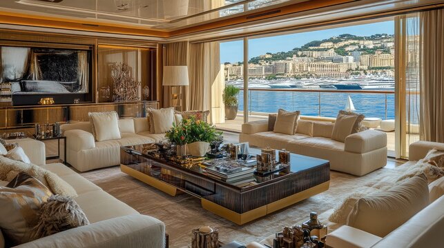 A richly designed penthouse interior, featuring luxury furniture and a panoramic sea view of Monacos harbor.