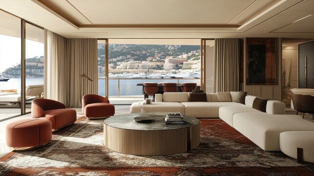 A richly designed penthouse interior, featuring luxury furniture and a panoramic sea view of Monacos harbor.