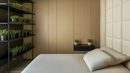 A minimalist bedroom with natural wood paneling along a taupe-accent wall