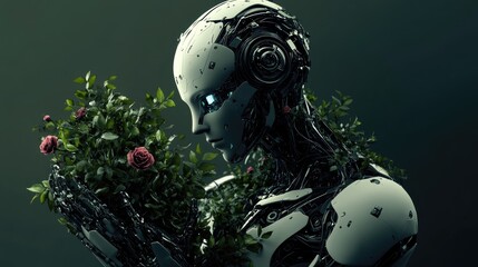 A robot in a wireframe style standing with a lush rose bush in its hands, symbolizing a harmonious relationship.