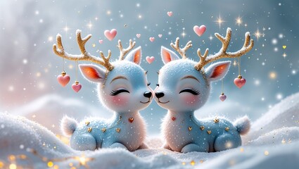 Adorable Blue Reindeer Pair in Winter Wonderland Scene