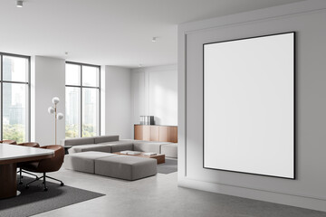Blank poster mockup in modern office interior with furniture and city view through windows. 3D Rendering