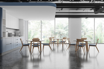 Modern dining area with wooden furniture and large windows overlooking greenery. 3D Rendering