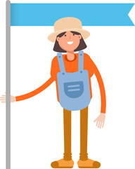 Woman Farmer Character Holding Flag Pole
