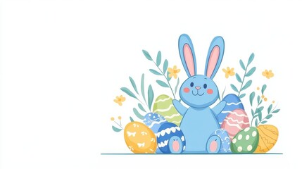 Fototapeta premium Colorful illustration of two cheerful Easter bunnies sitting among vibrant eggs, flowers, and greenery, symbolizing joy and festivity in a whimsical style