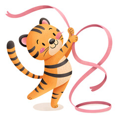 a clay Cute, A Tiger  playing Rhythmic Gymnastics Routines with ribbon, isolated on a transparent background