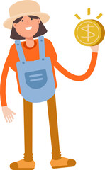 Woman Farmer Character Holding Dollar Coin
