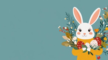 Fototapeta premium Cute cartoon rabbit surrounded by festive flowers and leaves, cheerful design perfect for spring celebrations, stock illustration with botanical details