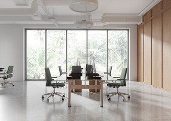 Fototapeta premium Modern office interior with large windows and minimalist design in bright open space. 3D Rendering