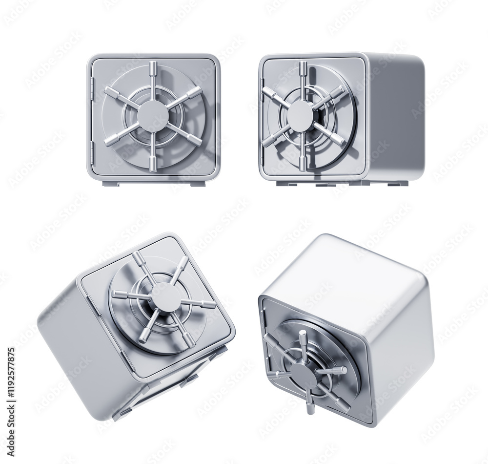 Poster steel safes with secure locking mechanisms, displayed in multiple perspectives on a white background